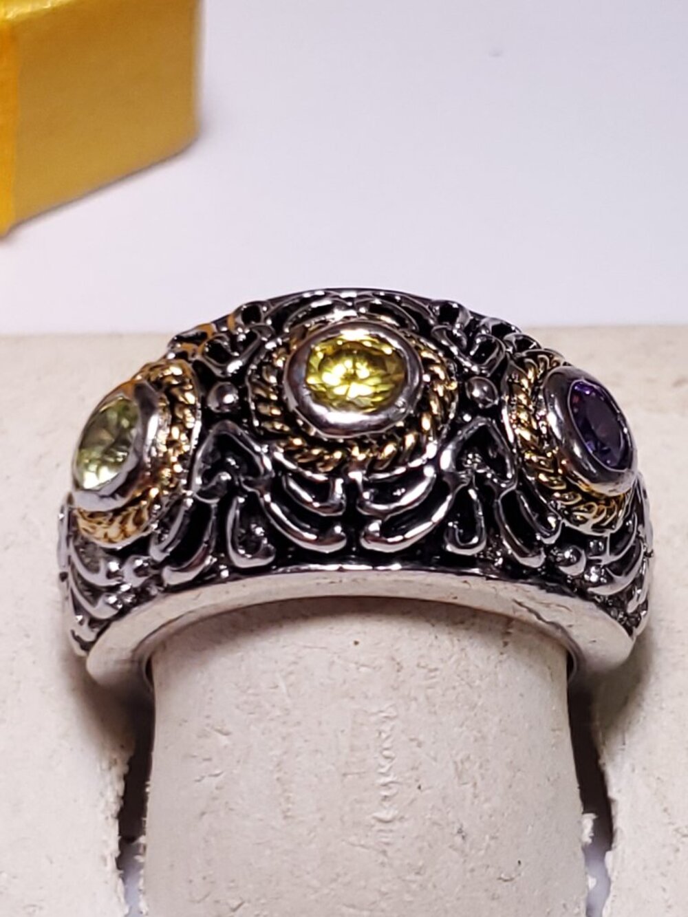 Estate 1.30ctw Multi-Color Rd CZ Victorian Design 2Tone 925/14Kt Dome Ring#24816